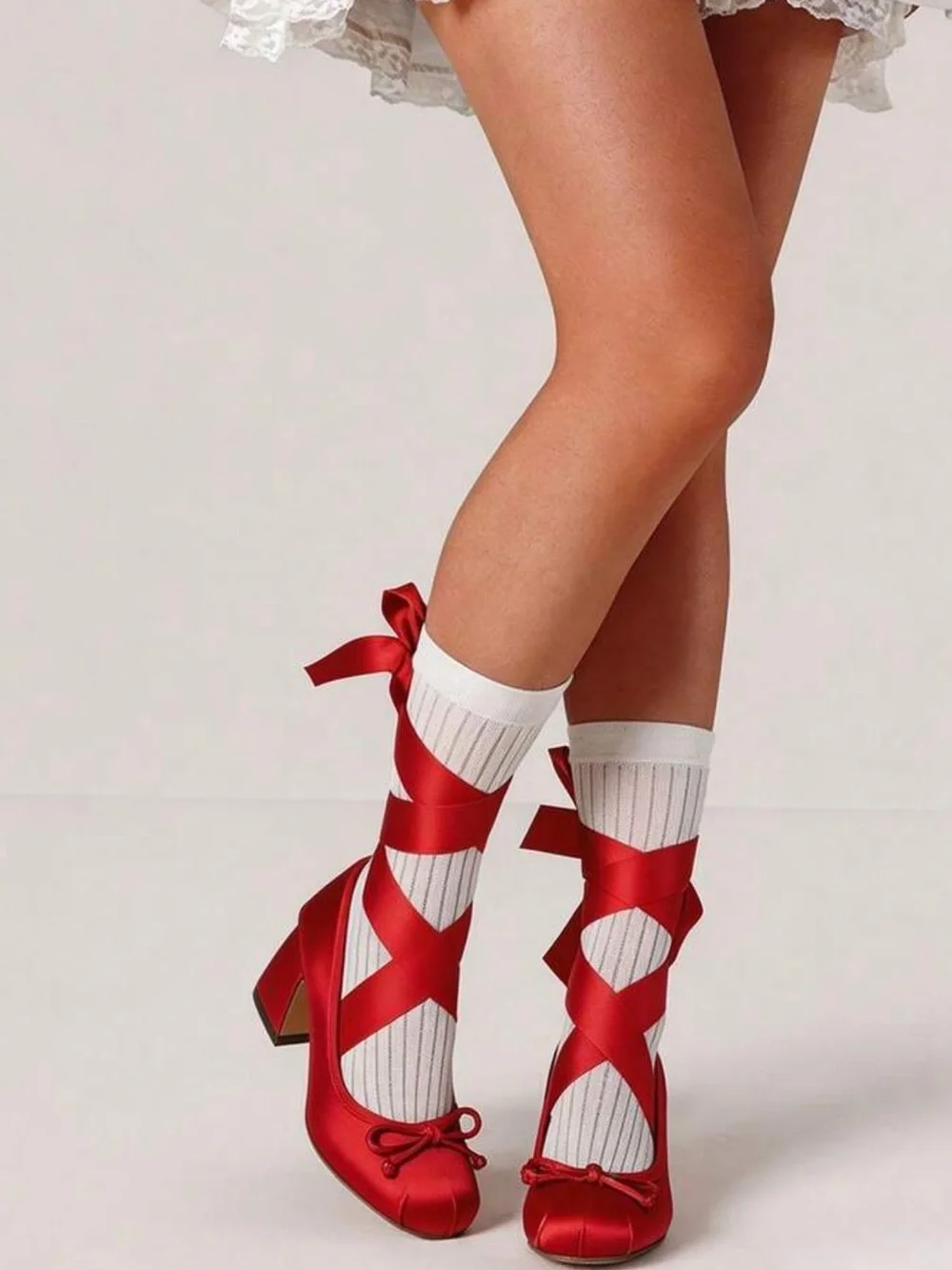 Ballet High Heel Pumps For Women Mary Janes Lace Up Chunky Heels With Bow Satin